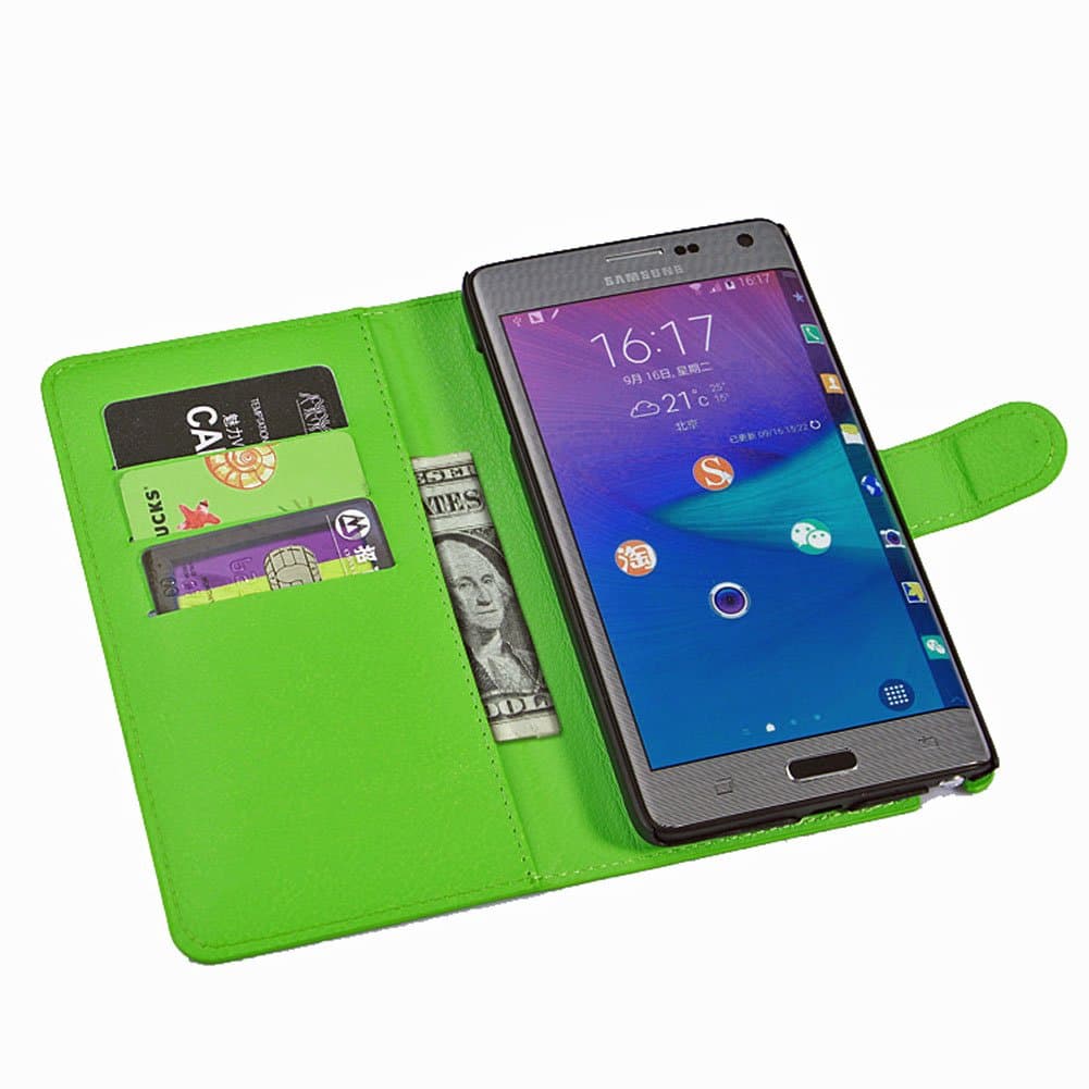 Note Edge Case for Samsung Galaxy SM-N915 Cell Phone Made of PU Faux Leather, Wallet Protects and Stores Cards ID and Money in Slots, Stand Folds Out for Hands Free Side Viewing, Magnetic Closure, Highest Quality and Perfect Fit for Note Edge Mobile Phone N915 N915A N915T N915P N915V Luxury Fashion Folio Holster Flip Cover, Available in Many Colors (Green)