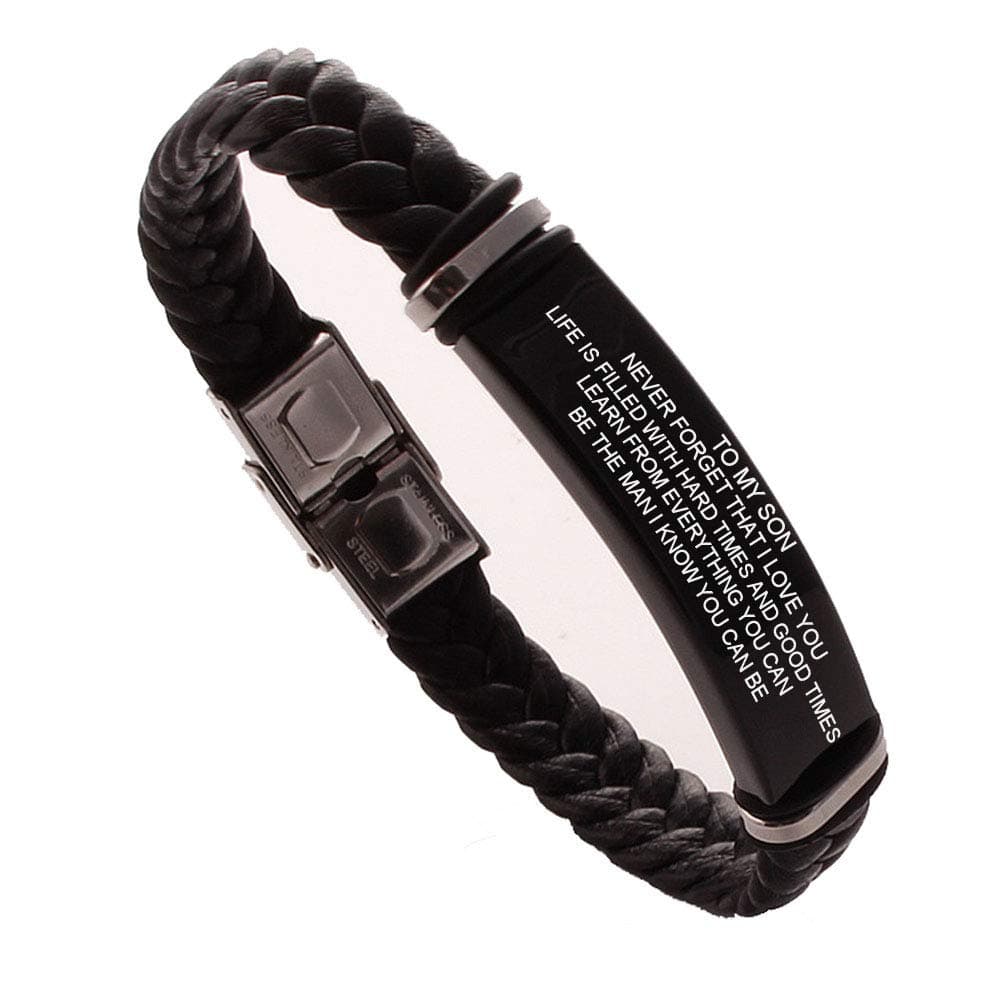 DEO JEWELRY to My Son Stainless Steel and Braide Leather Bracelet Personalized Free Engraving Inspiration Bracelet (Black/Custom)