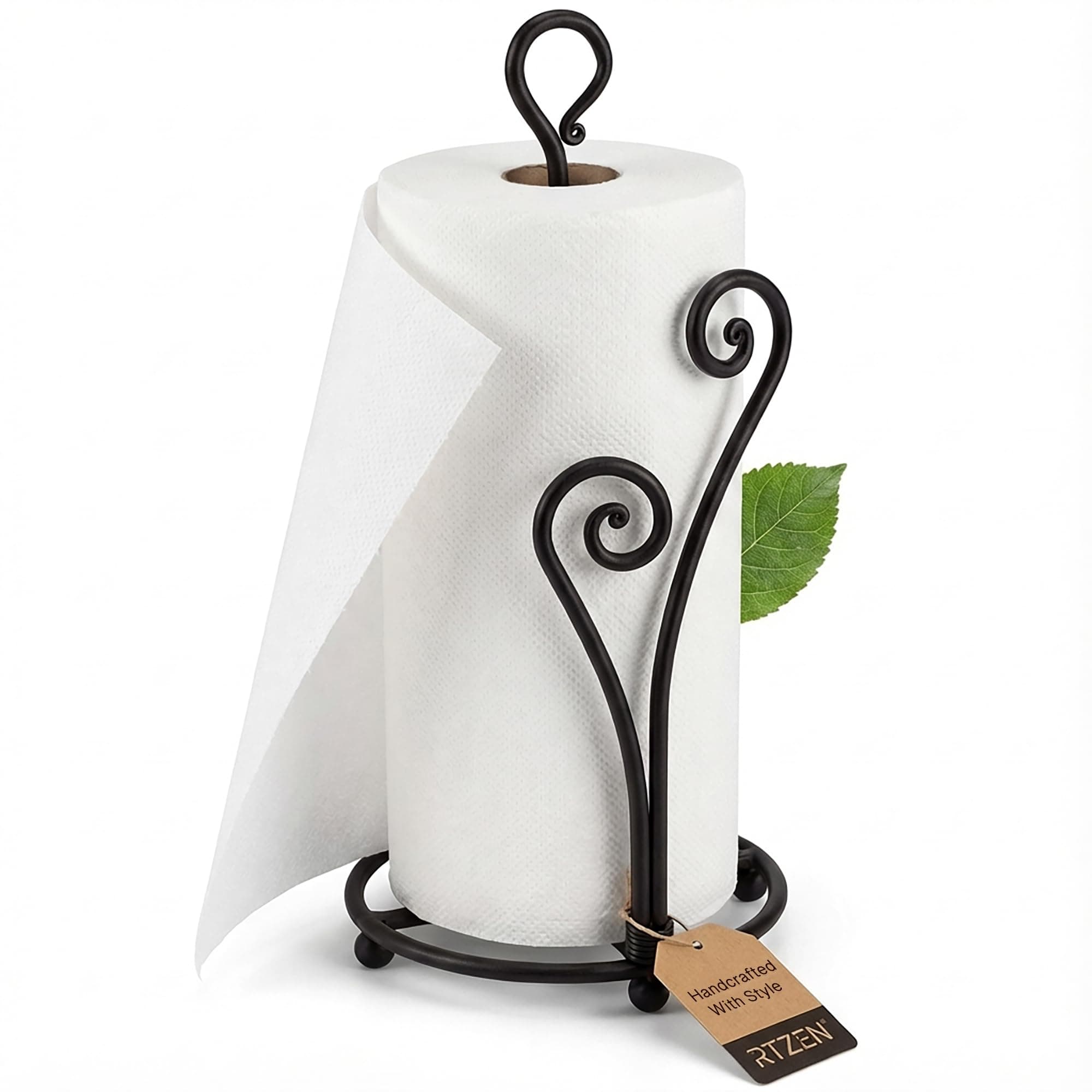 RTZEN Matte Black Paper Towel Holder Countertop - Decorative Farmhouse Paper Towel Roll Holder - Rustic Metal Modern Stand for Kitchen or Bathroom (Heart Shaped)