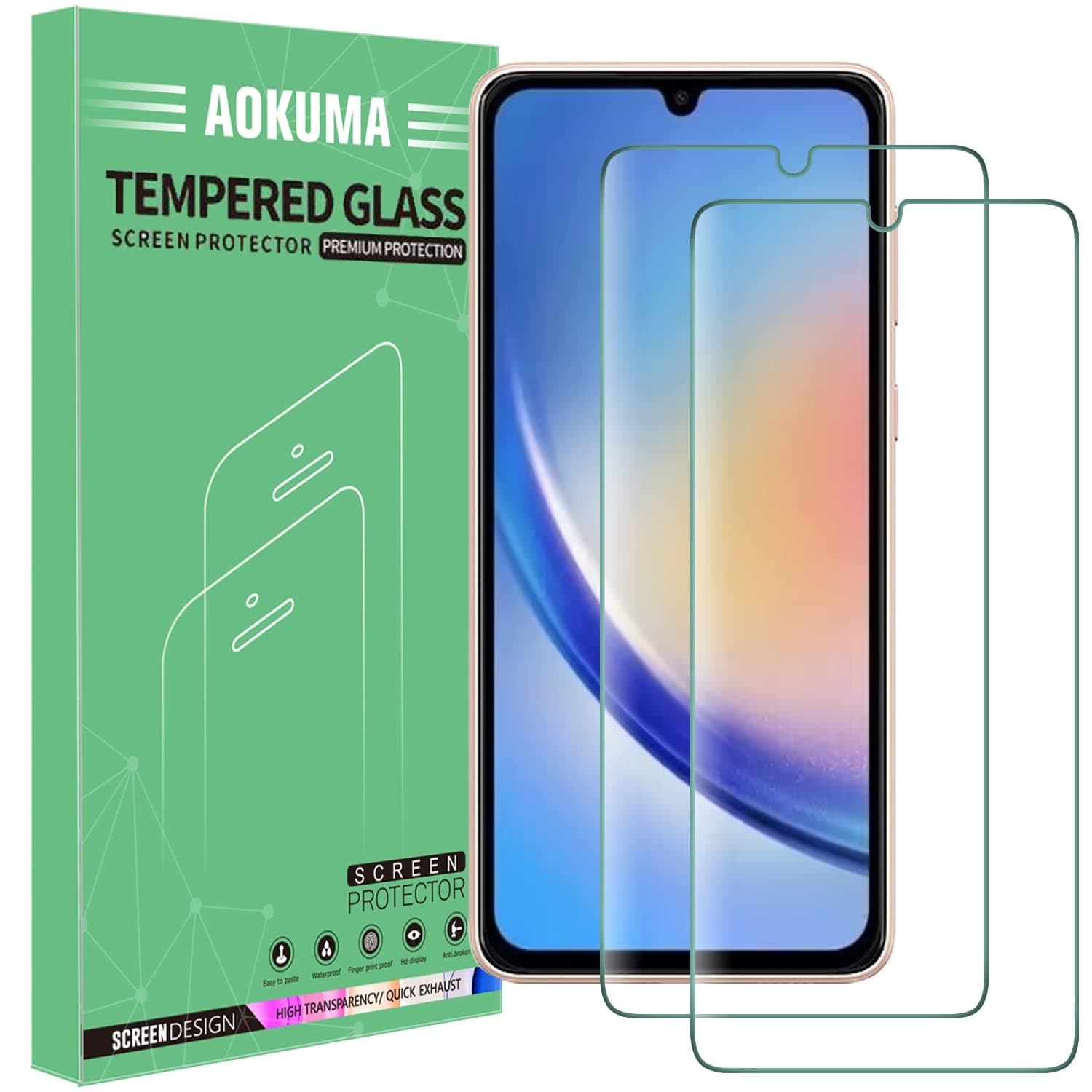AOKUMA Tempered Glass for Samsung Galaxy A34 5G Screen Protector, [2 Pack] Premium Quality Guard Film, Case Friendly, Shatterproof, Shockproof, Scratchproof oilproof