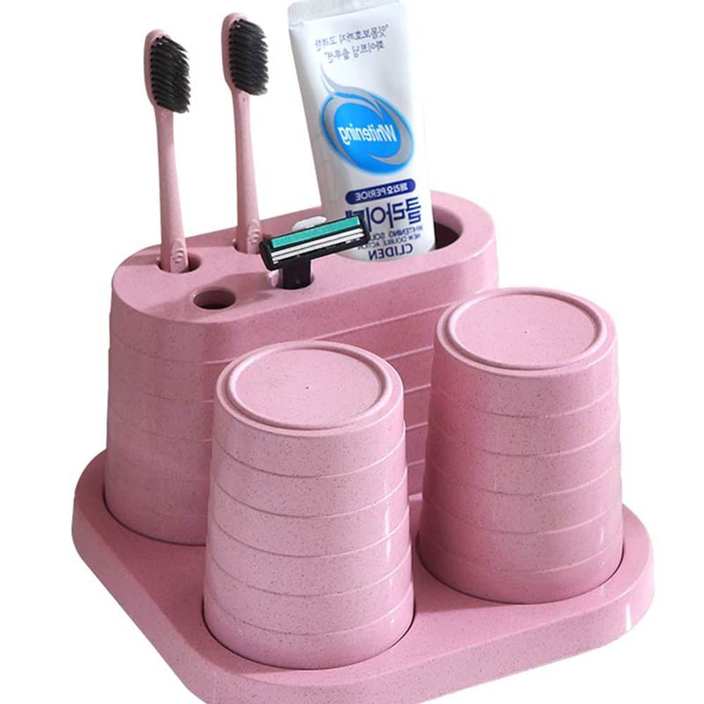 Wekity Toothbrush Holder Non-Slip Hollow Drain Design Toothbrush Toothpaste Holder with 2 Rinse Cups, 4 Holes for Toothbrushes & 1 Holes for Toothpaste Stand for Bathroom Storage Organizer (Pink)