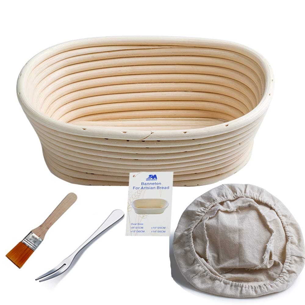 Banneton Proofing Basket 8" Oval Banneton Brotform for Bread and Dough [FREE BRUSH] Proofing Rising Rattan Bowl + FREE LINER (500g dough) Light Brown