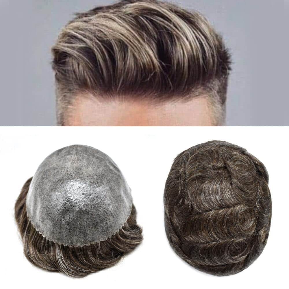 Mens Toupee Wig - Full Injected PU Skin Hairpiece - Male Prosthesis - Poly Skin Human Hair - 8"x10", #540 Medium Light Brown + 40% Gray, 110% Light to Medium