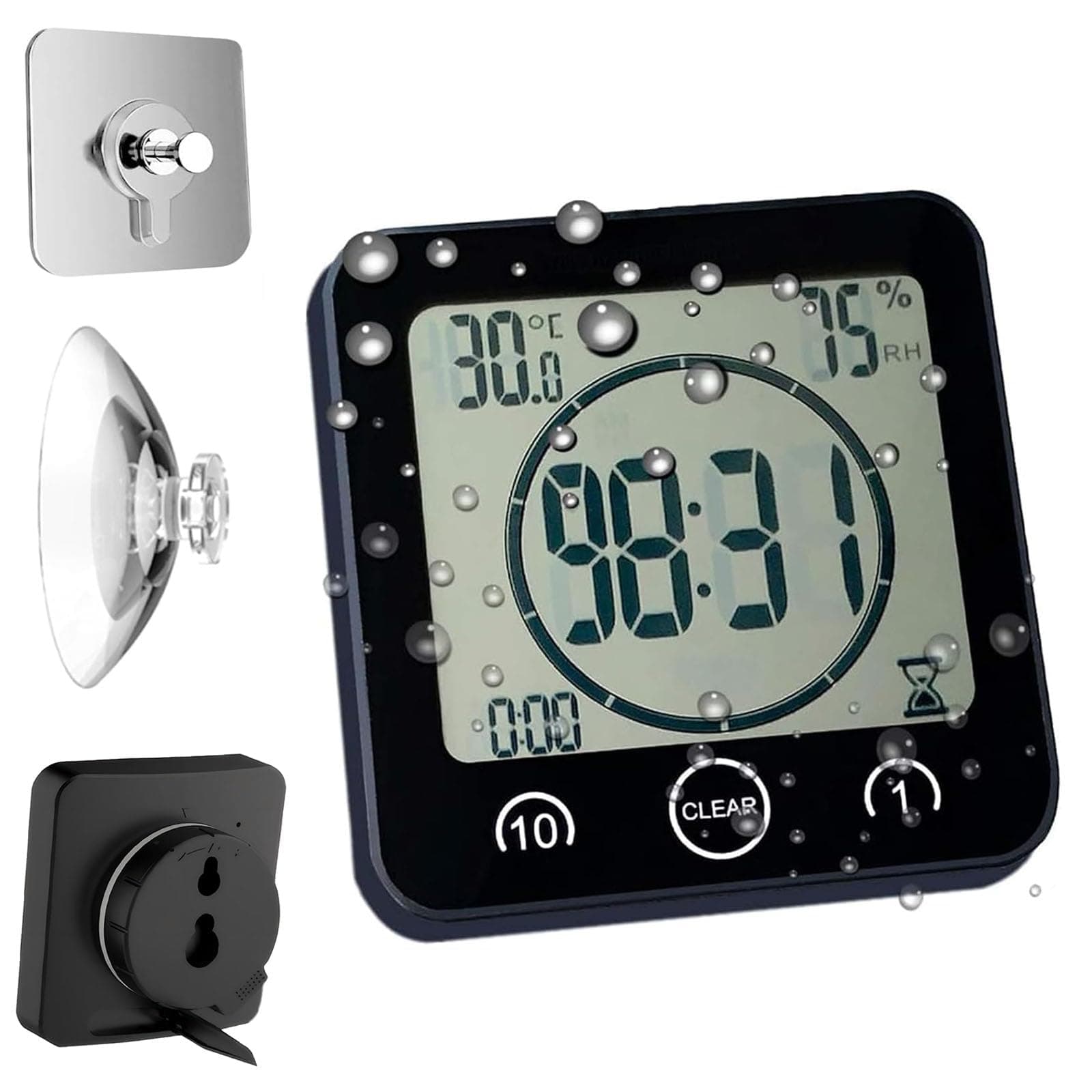 Waterproof Bathroom Wall Clock and Timer, Digital Water Resistant Hanging Timer for Shower, Large Display Kitchen Cooking Countdown Timers, Mirror Suction Clock with Temperature Humidity Meter (Black)