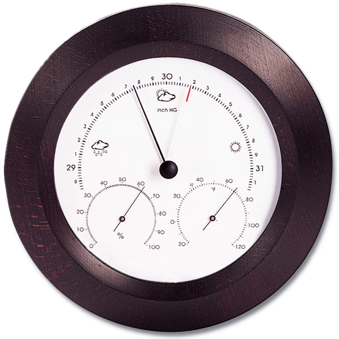 Weather Station - Aneroid Barometer - Analog Thermometer - Spiral Hygrometer - 8 in. Round Solid Beech Wood Frame (Mahogany Finish)