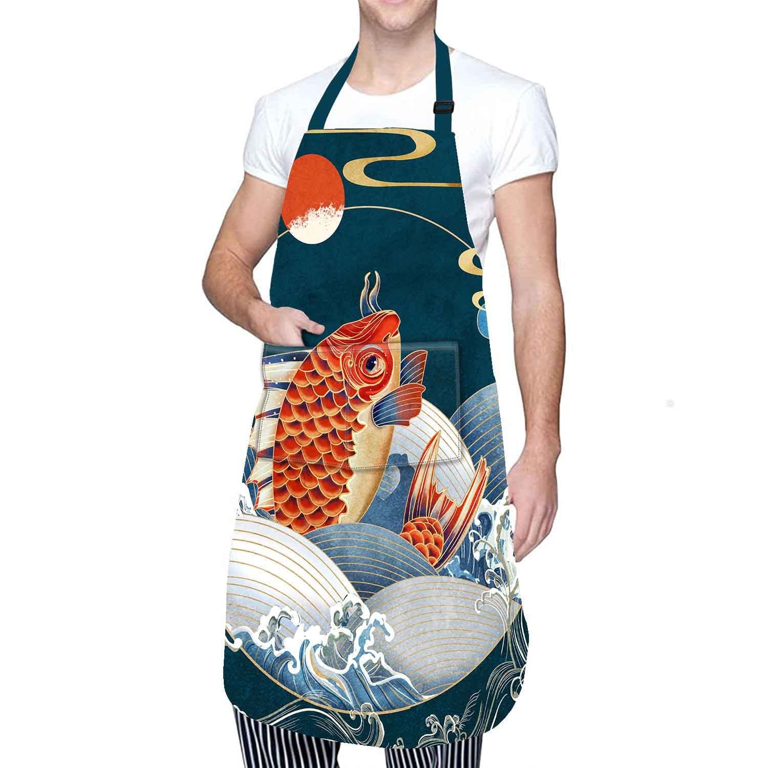 MIZSYE Japanese Style Apron Cute Fish Ocean Red Sun Kitchen Apron for Men and Women Cooking Grilling Friends Gifts 26.5X33.1 inch WQFNMS00010