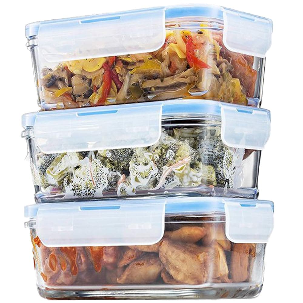 Airtight Glass Food Storage Containers with Lids - 3 Pack 100% Leak Proof BPA Free, Freezer to Oven Safe, Glass Meal Prep Lunch Box Takeaway - 828ml