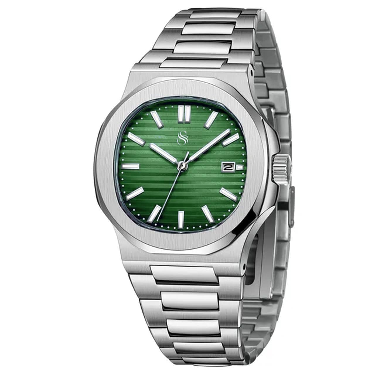 Silver Stainless Steel Analog Square Dial Date Display Wrist Watch for Men -PGNI85