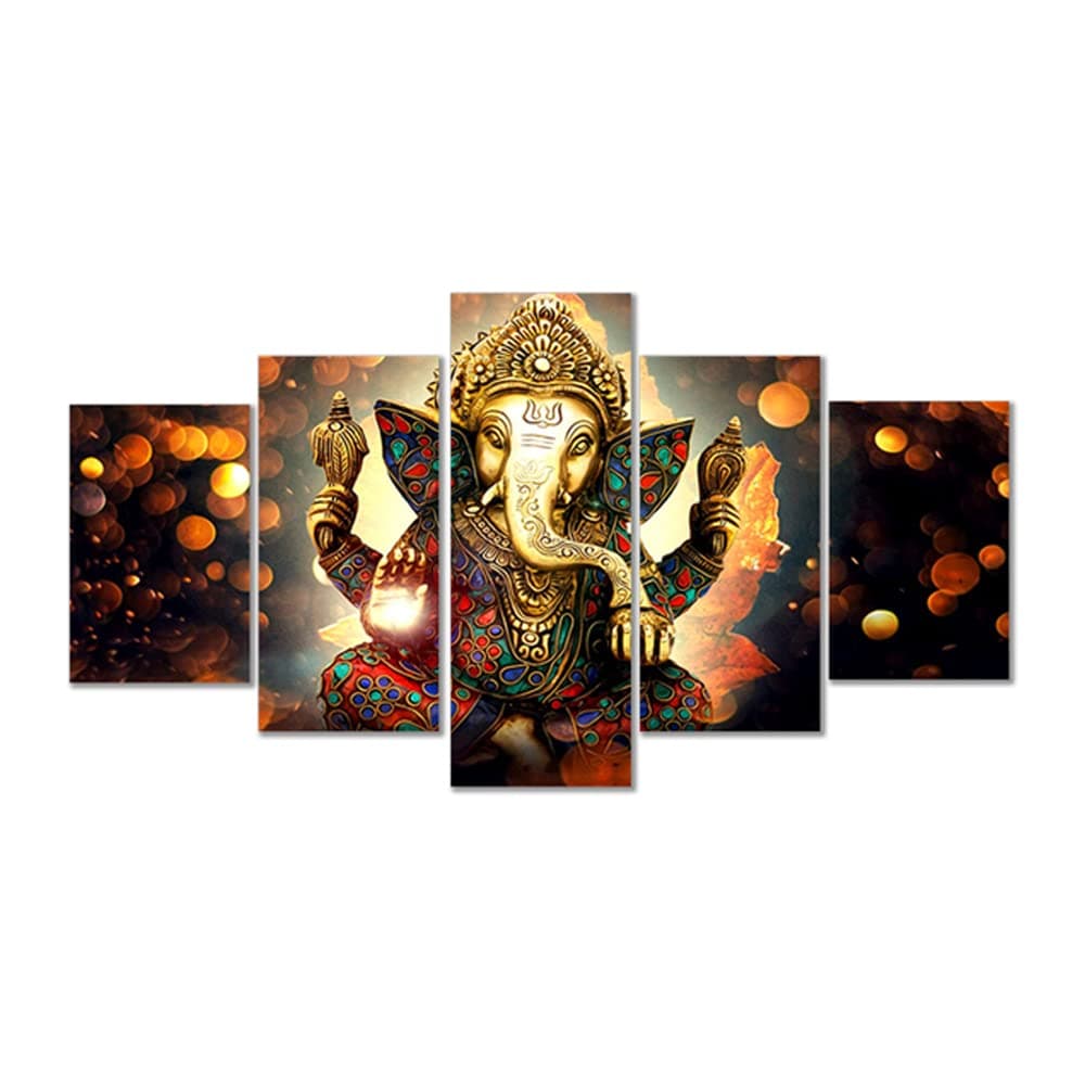 Follmax Hindu God Ganesha Wall Art Canvas Printed for Living Room Decorative Painting Modern Home Decor 5pcs HD Print Lord Ganesha Elephant Picture Art Wall Framed Ready to Hang (60" W x 32" H)