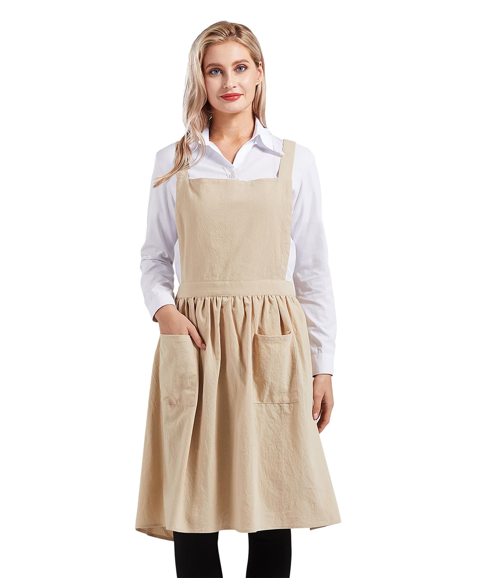 Nanxson Cotton Linen Apron Cross Back Vintage Pinafore Apron for Women with Pockets for Cooking Baking Painting CF3046