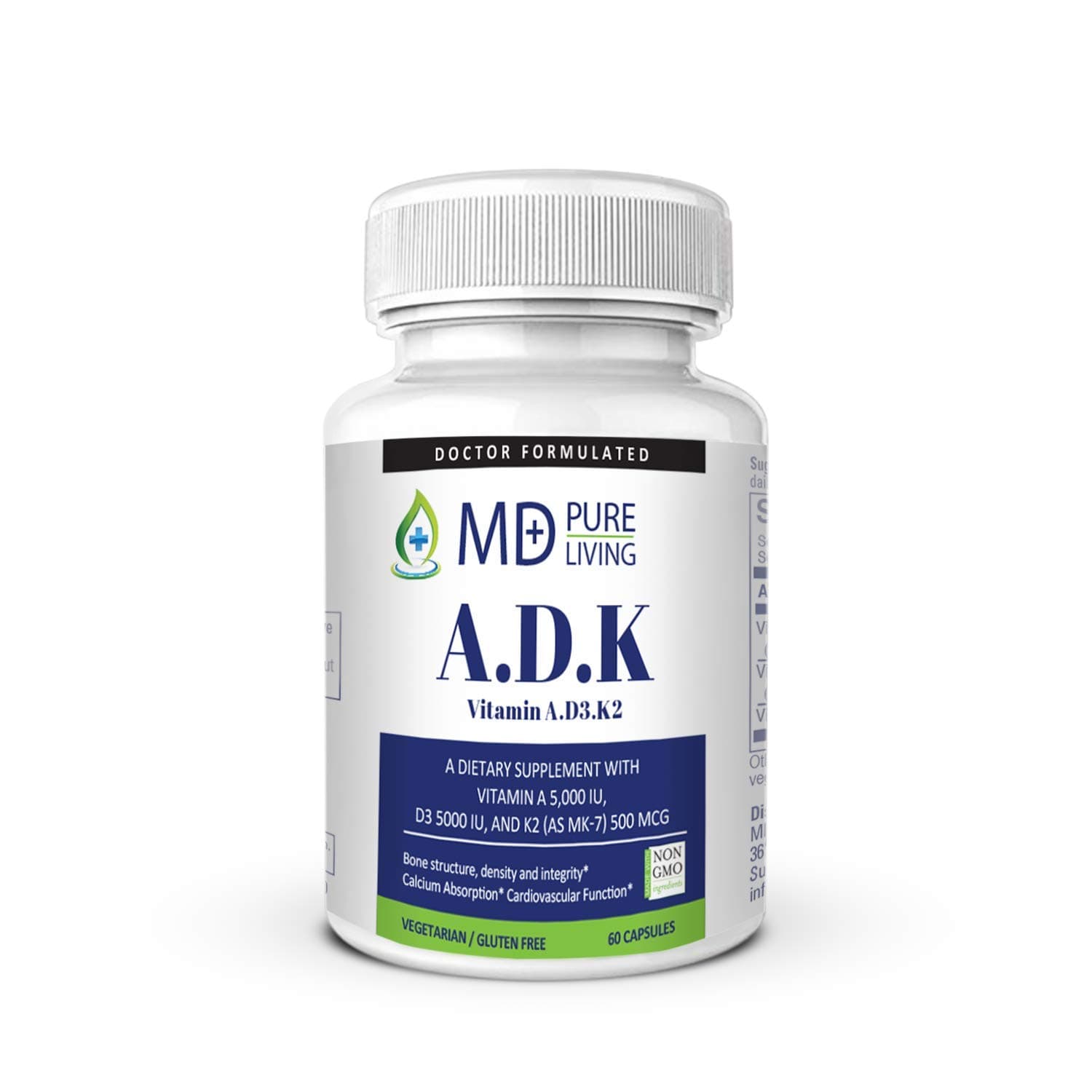 ADK Vitamin - Dr. Formulated High Potency Vitamin ADK (A 5000iu, D3 5,0000 iu, K2-MK7 500mcg) for Heart, Bone, and Vision Suppport - Purest and Most Potent Ingredients - 60 Veg-Caps by MD Pure Living