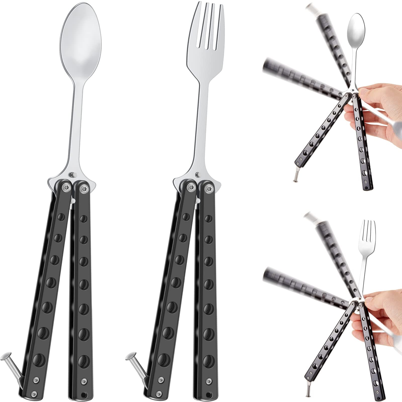 Flutesan 2 Pcs Butterfly Fork and Spoon Set, Tactical Butterfly Spoon Folding Stainless Steel Butterfly Fork for Travel Camping Hunting BBQ Kitchen(Black)