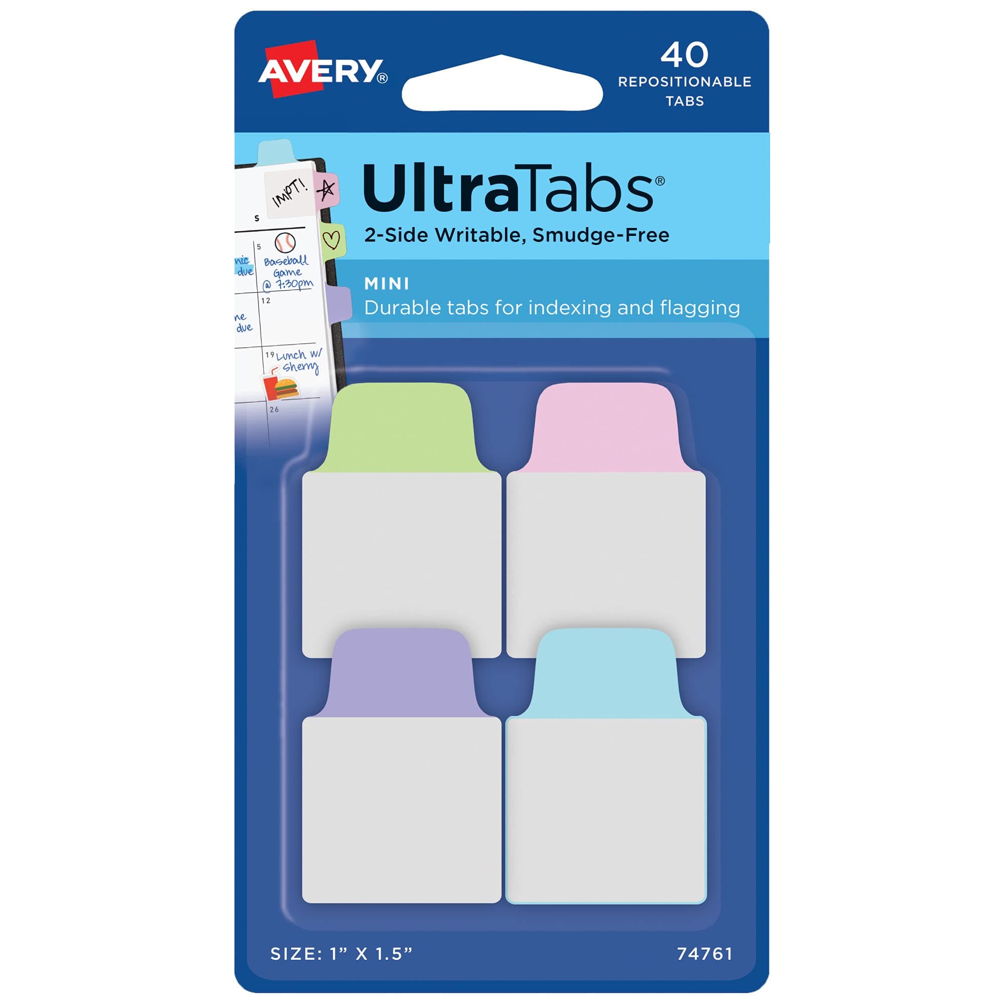 Avery Mini Ultra Tabs, 1" x 1.5", 2-Side Writable, Assorted Pastel Colors, 40 Repositionable Tabs (74761)