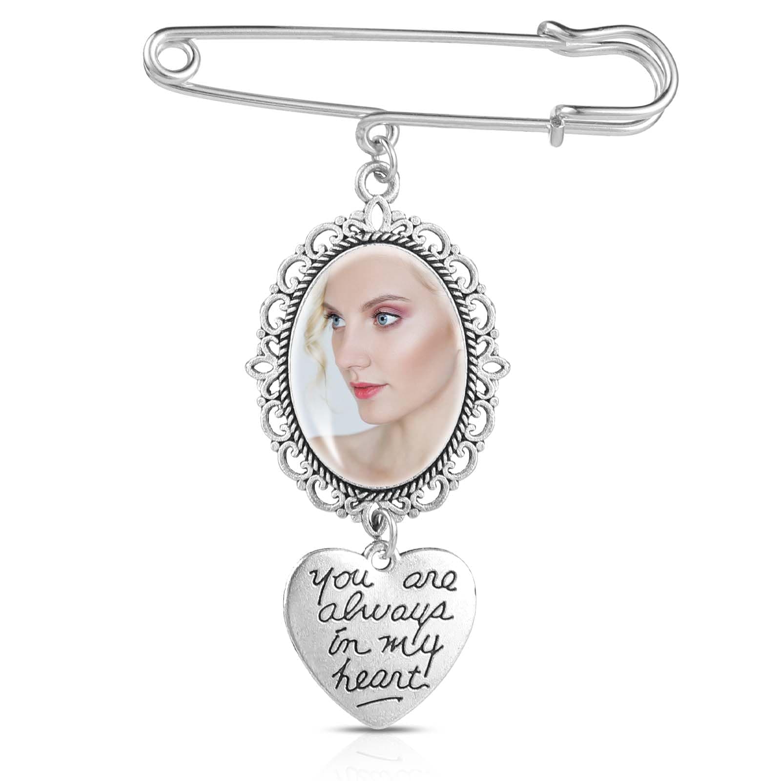 Wedding Bouquet Photo Charm Lacy Frame Charm DIY Pin Brooch Making Kit Single Oval Glass Cabochons Picture Frame with Heart Pendant for Wedding Memory Funeral