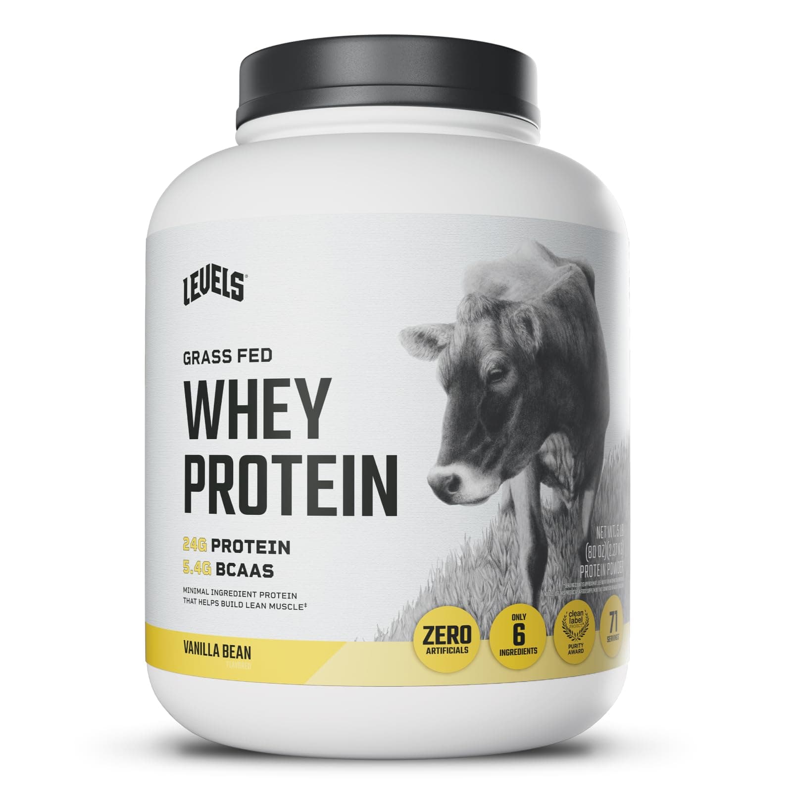 Levels Nutrition Grass Fed 100% Whey Protein, No Hormones, Vanilla Bean, 5LB