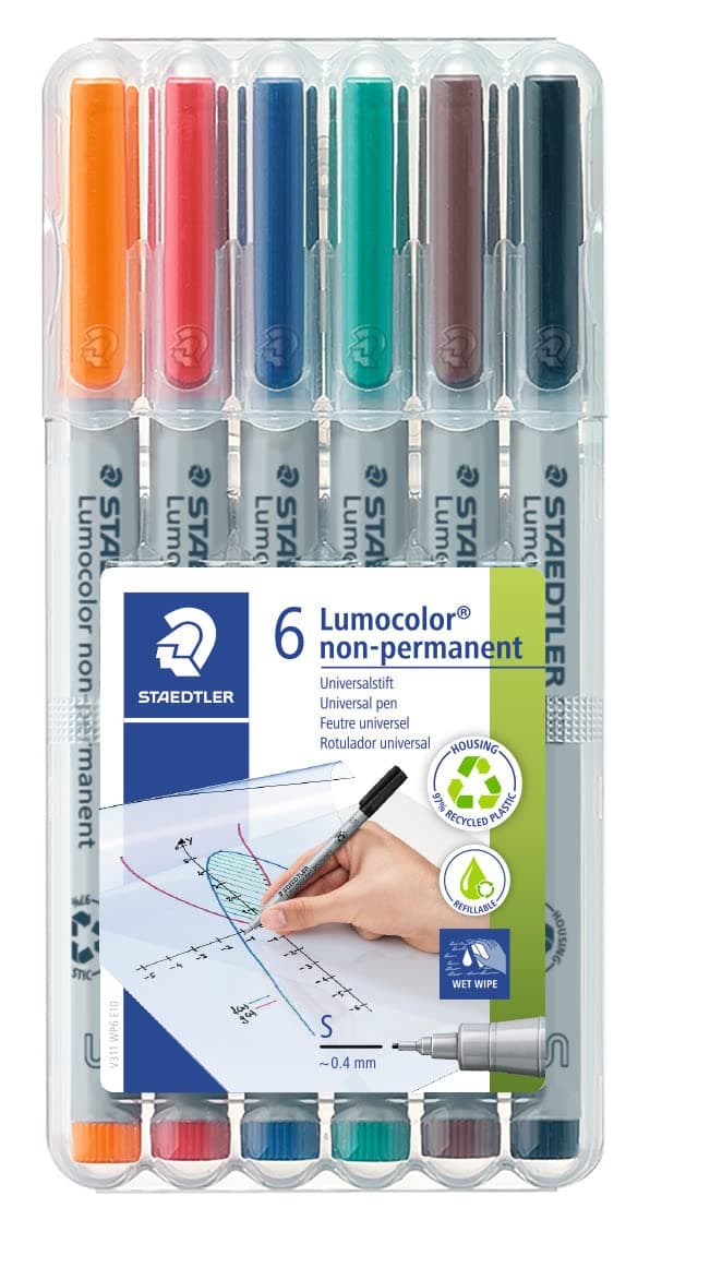 Lumograph Non-Permanent Wet Erase Marker Pen, Extra Fine Tip, Low Odor Colored Markers, 6-Pack Assorted Colors, 311-WP6