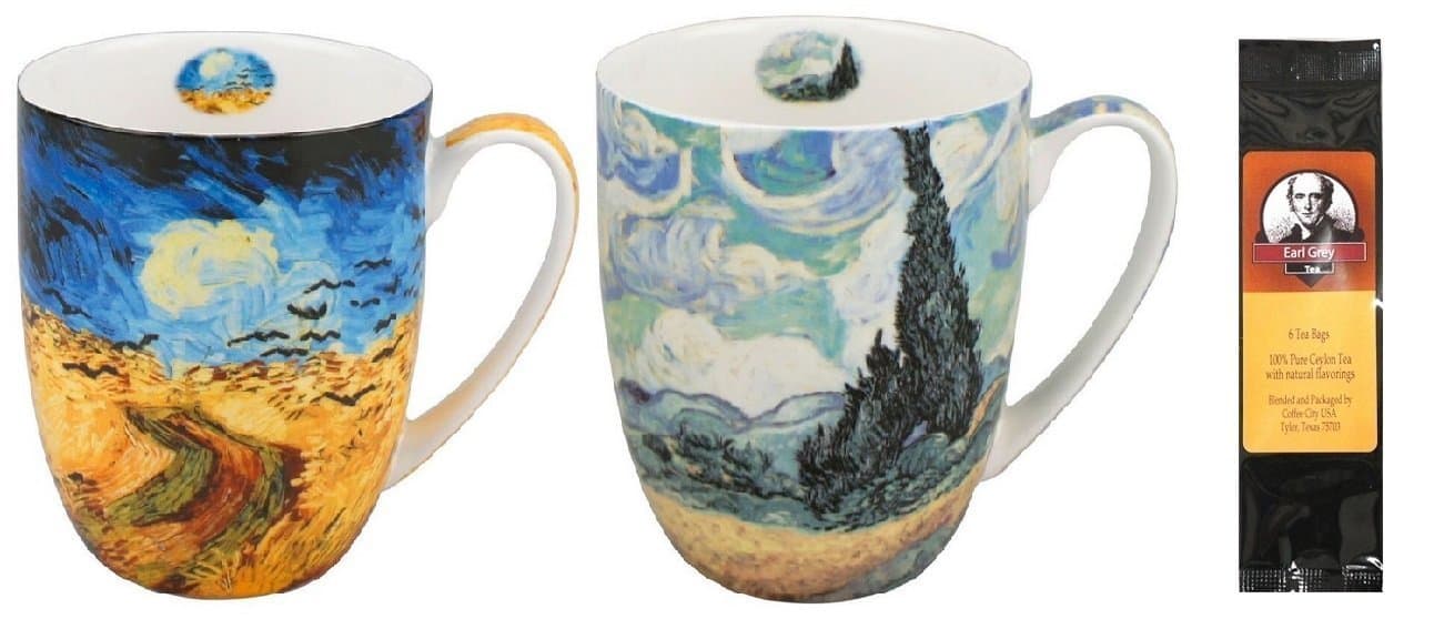 2 Coffee or Tea Mugs, Van Gogh Wheatfields in a Matching Box Bundle with 1 Package of 6 Tea Bags
