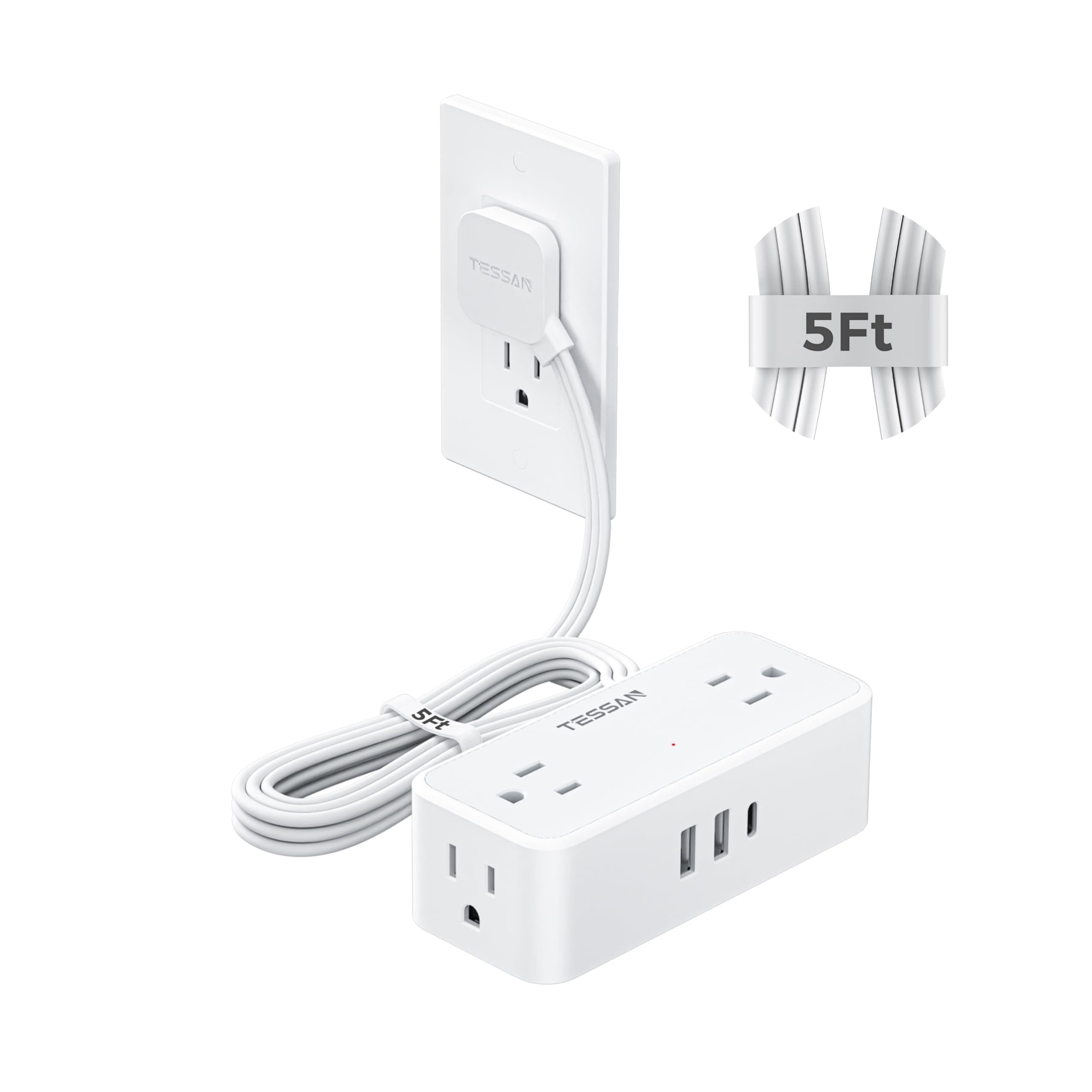 5 FT White Extension Cord, 900J Surge Protector Small Power Strip with 3 USB Ports (1 USB C), Flat Plug Power Strip, Mini Charging Station Suitable for Home Office Dorm