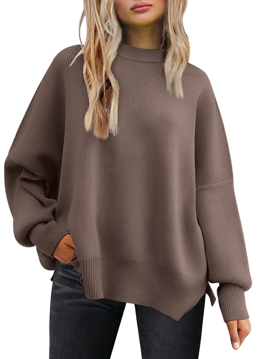 Women's Oversized Batwing Sweaters 2026 Fall Outfits Trendy Crewneck Knit Side Slit Fashion Pullover Tops
