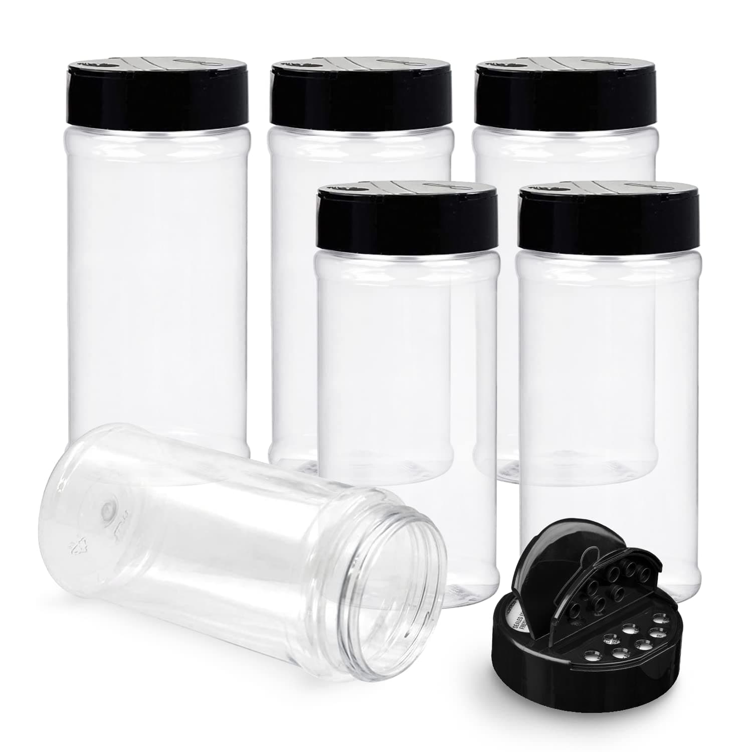 RoyalHouse 6 Pack 16 Oz Plastic Spice Jars with Black Cap, Clear and Safe Plastic Bottle Containers with Shaker Lids for Storing Spice, Herbs and Seasoning Powders, BPA Free, Made in USA