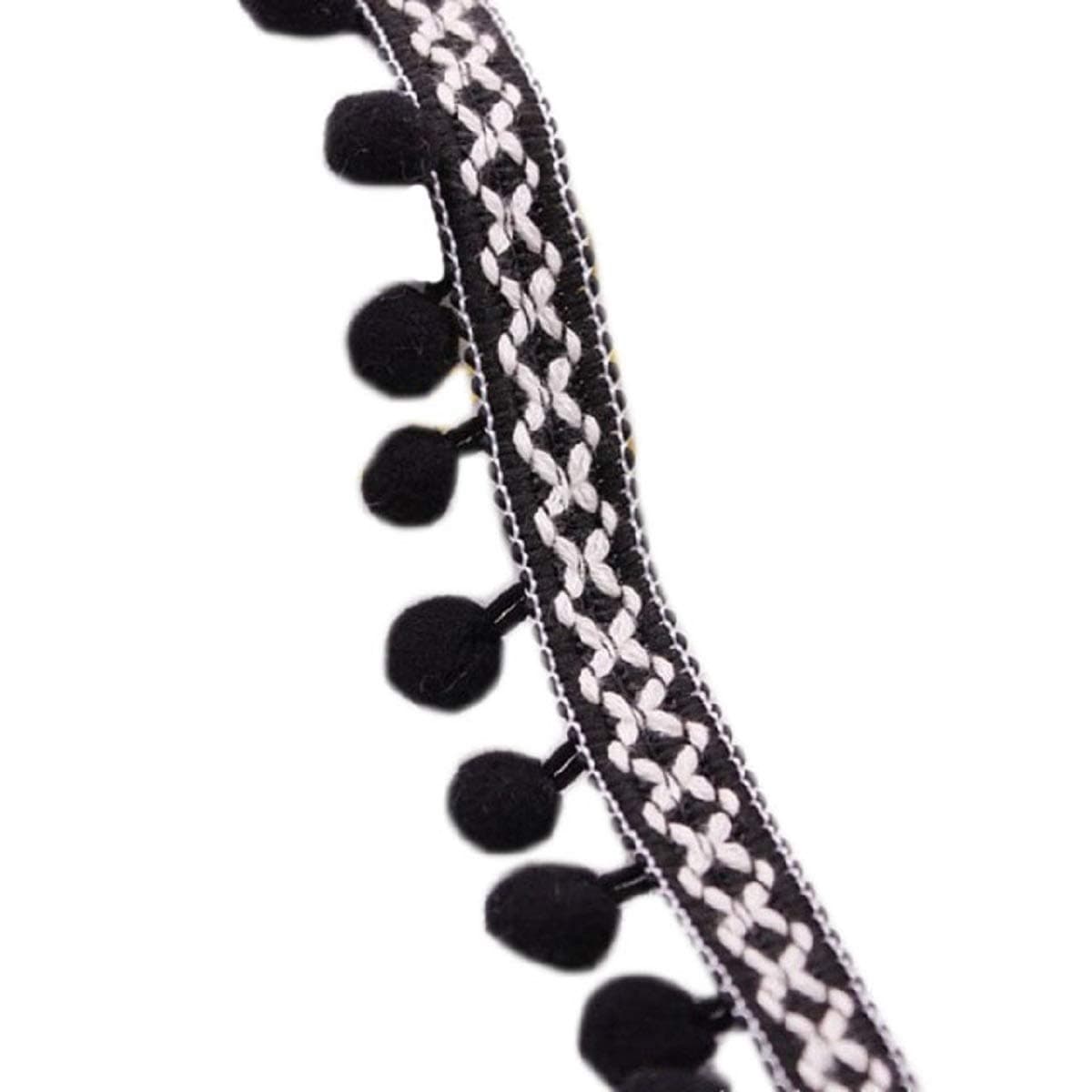 Yalulu 20 Yards Embroidered Trim Ribbon Pompoms Trim Fringe Ribbon Pom Pom Crafts Tassel Lace DIY Sewing Accessories Supplies (Black)