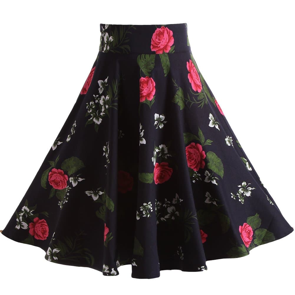 Samuyalove Women Vintage Pleated Floral Print Knee Length A-line Skirt