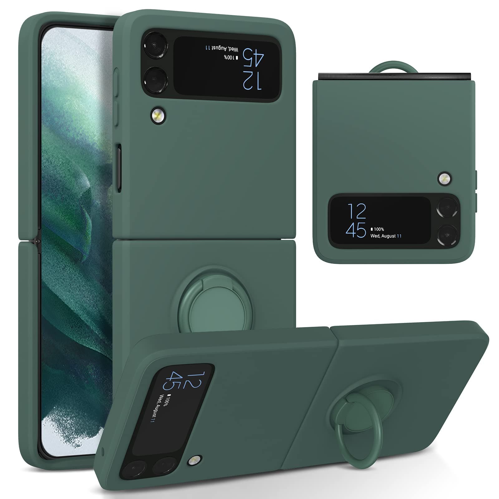 UEEBAI Silicone Case with Ring for Samsung Galaxy Z Flip 3 5G, Lightweight Foldable Slim Case Shock Absorption Slim Cover with Ring 360 Degree Rotation Stand Protective Cove - Army Green