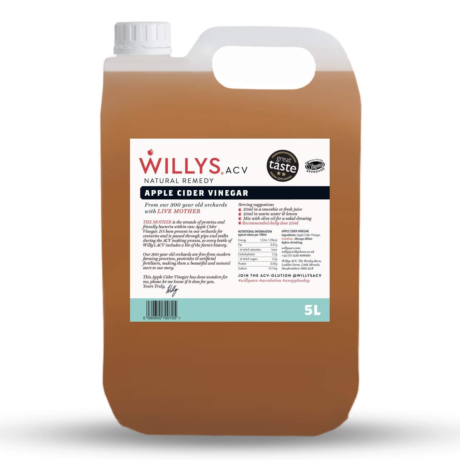 WILLY'S Apple Cider Vinegar with Live Mother - Probiotics For Detox & Gut Health - 5L Jerry Can - Organic, Raw, Unpasteurised, Naturally Fermented ACV