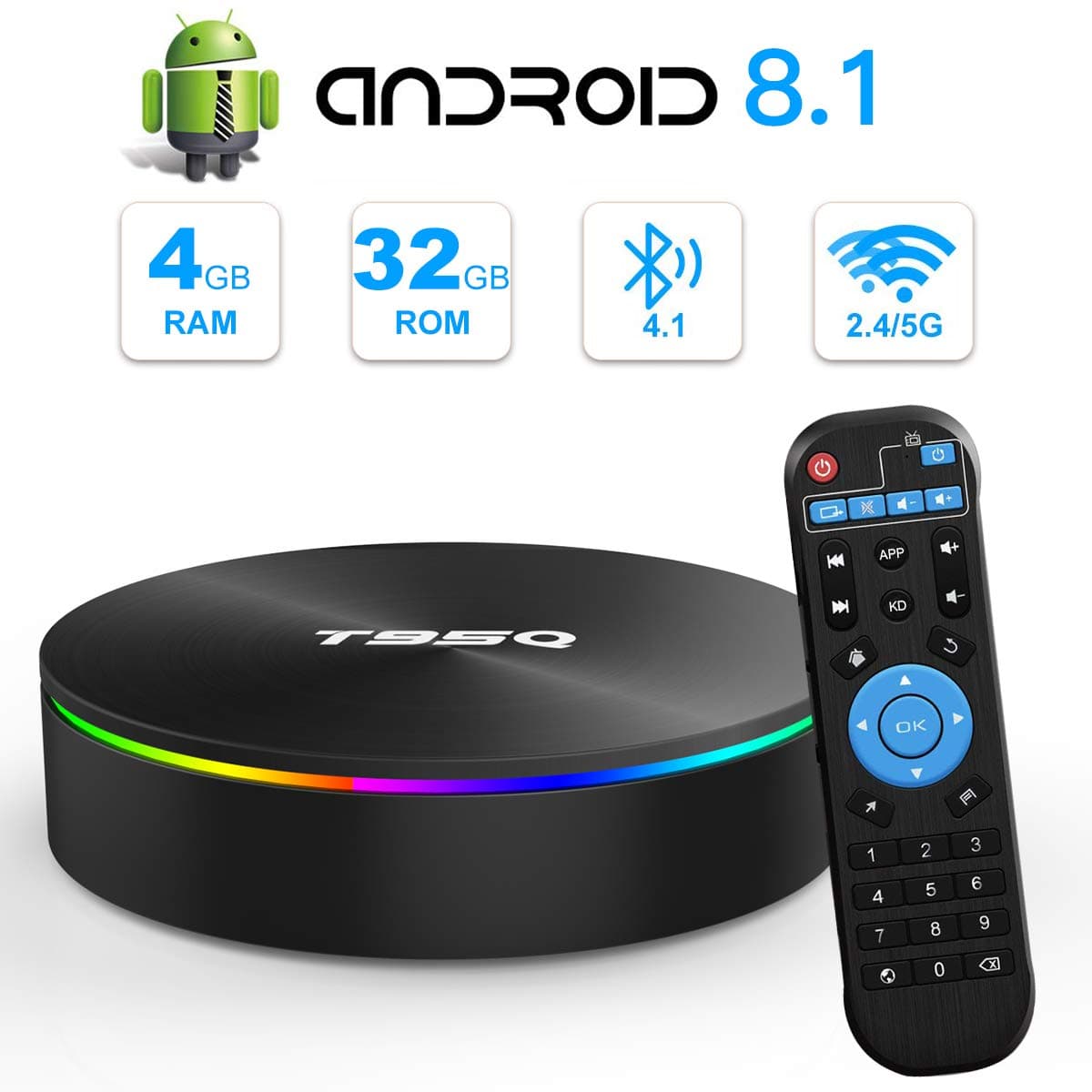 Android TV BOX, T95Q Android 8.1 TV BOX 4GB RAM 32GB ROM Amlogic S905X2 Quad-core Cortex-A53 HDMI 2.1 4K Resolution H.265 2.4GHz 5GHz Dual Band WiFi Bluetooth 4.1 Smart Box
