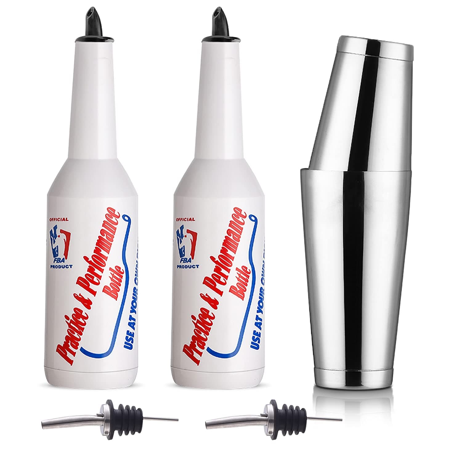 Flair Bottle - 5pcs Flair Bartender Kit, 2 Flair Bottle, 1 Boston Shaker, Practice & Performance Bottle - FLKT0004 (5pcs Set)