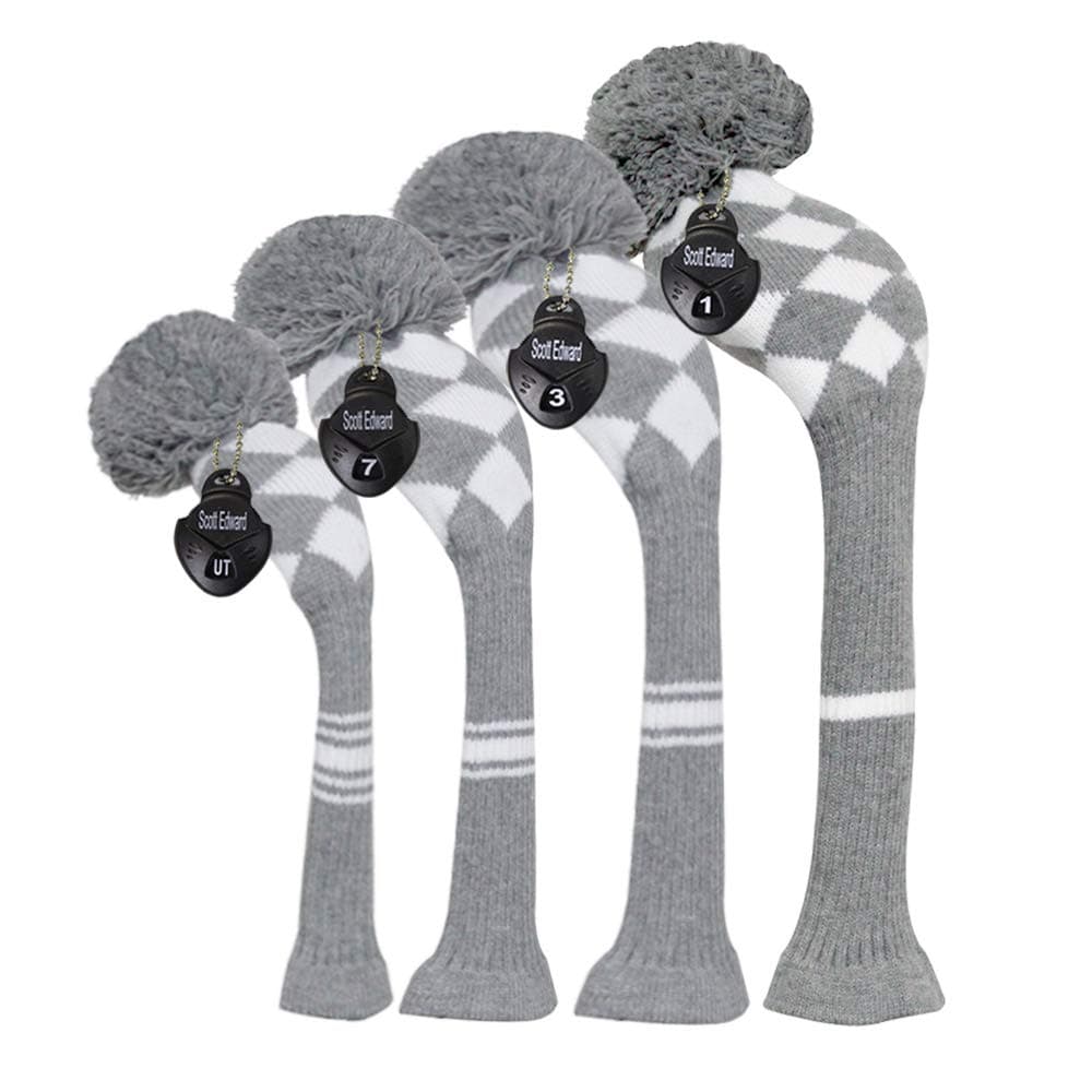 Scott Edward Knit Golf Headcovers for Wood 4 PCS Packed,Fit Driver Wood, Fairway Wood and Hybrid/UT, Long Neck,Big Pom Pom, for Men/Women (Grey White Argyles)