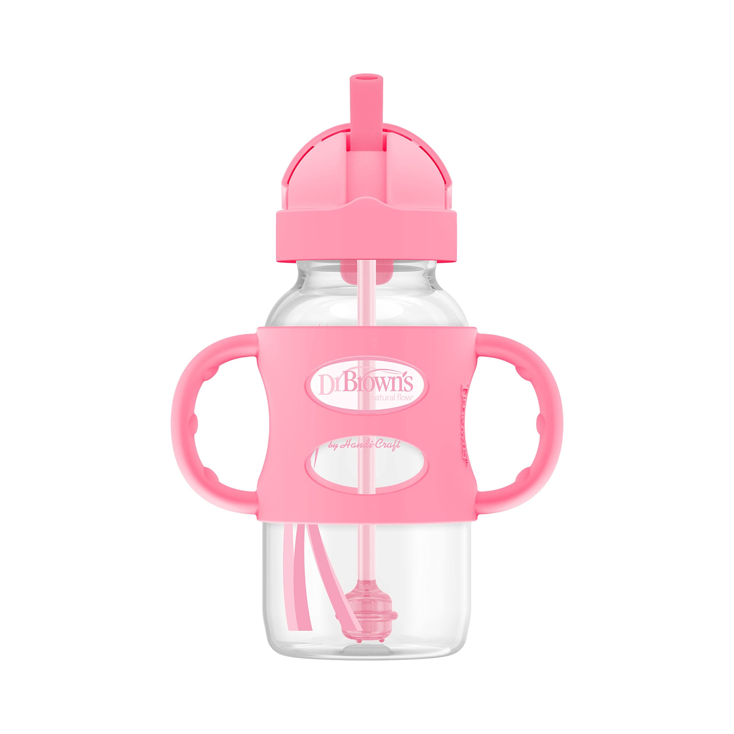 Dr. Brown's Milestones™ Wide-Neck Sippy Straw Bottle with 100% Silicone Handles, 9oz/270mL, Pink, 1 Pack, 6m+
