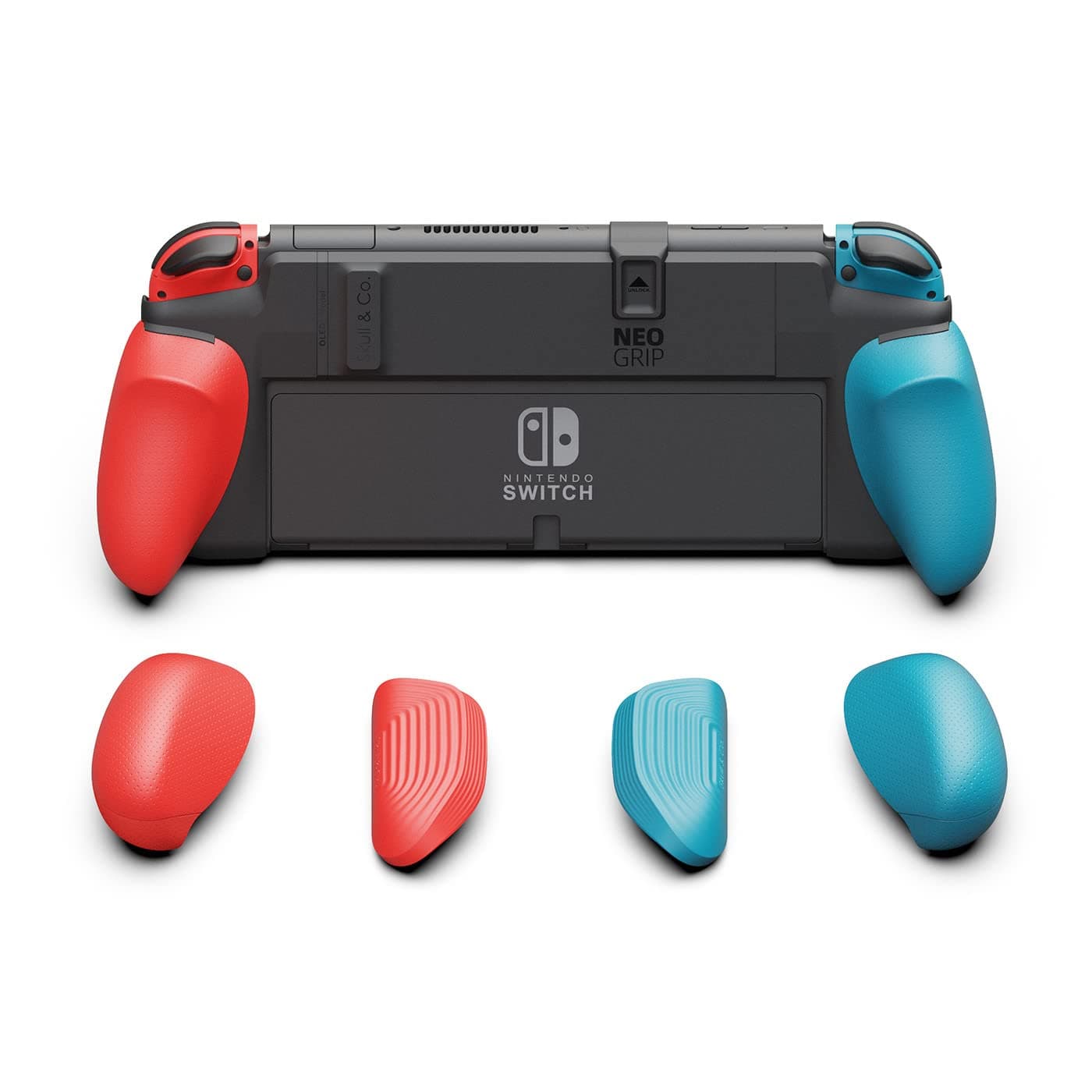 Skull & Co. NeoGrip for Nintendo Switch OLED and Regular Model: An Ergonomic Grip Hard Shell with Replaceable Grips [to fit All Hands Sizes] [No Carrying Case] - Neon Blue(L)+Neon Red(R)