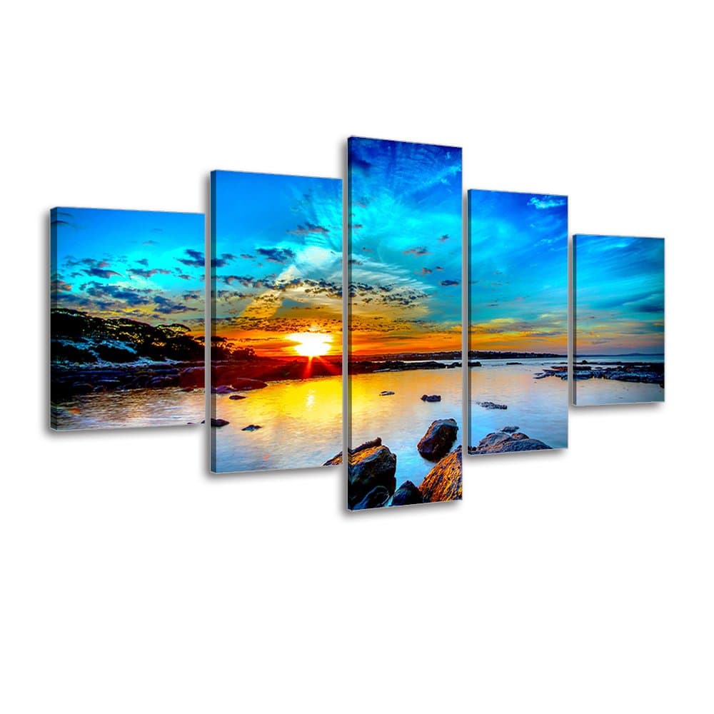 Beach Painting Canvas Wall Art, SZ 5 Piece Beautiful Sunset and Blue Sky Picture, Rocky Seascapes Canvas Prints for Bedroom, Ready to Hang, 1" Deep, Waterproof, Medium