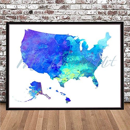 UNITED STATES MAP Watercolor Styled PRINT by MeiFlowerArt (Medium 13" x 19") silhouette painting, poster, Illustration, drawing, wall decor art work country US of America