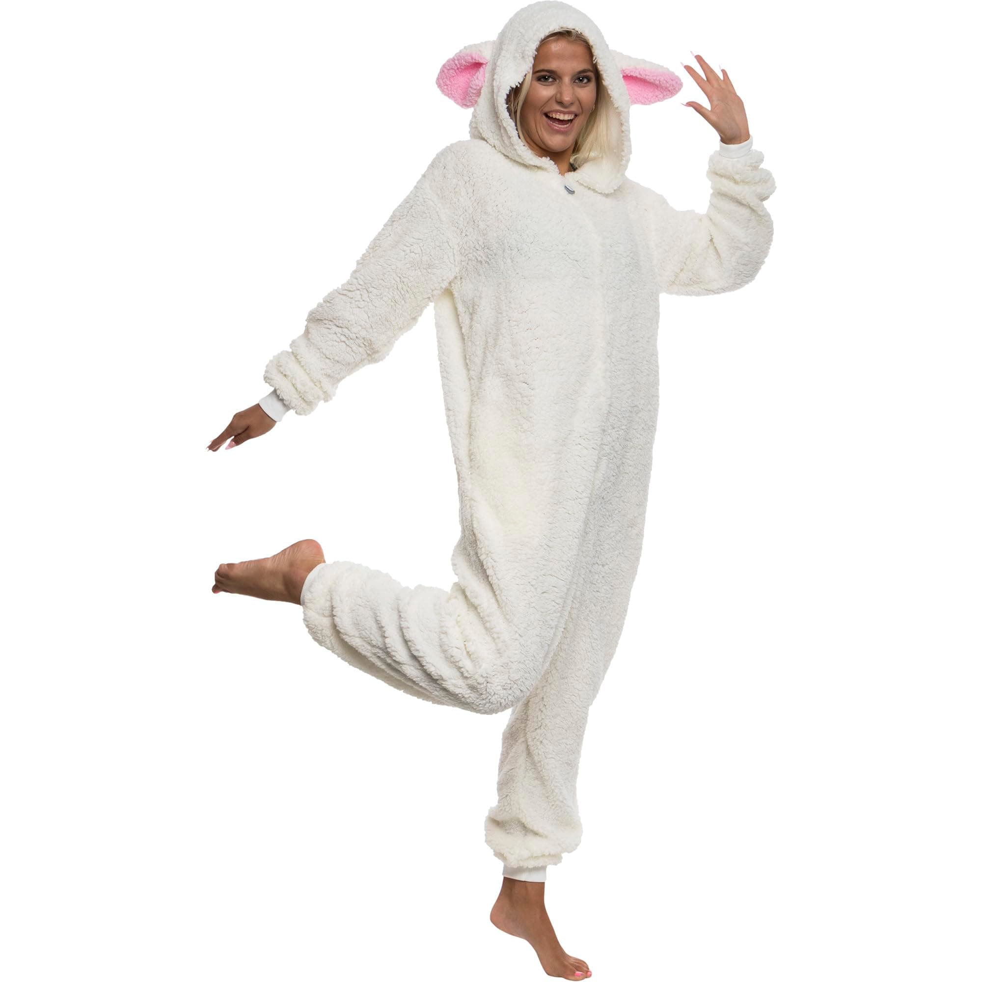 Slim Fit Sherpa Adult Onesie - Animal Halloween Costume - Plush One Piece Cosplay Suit for Women and Men