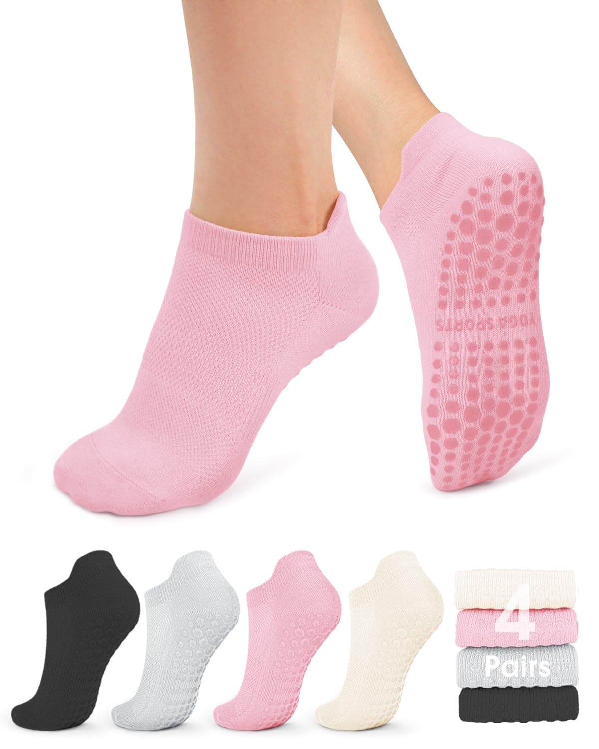 4/6 Pairs Pilates Socks for Women - Non Slip Grip Socks for Yoga, Barre, Hospital, Barefoot