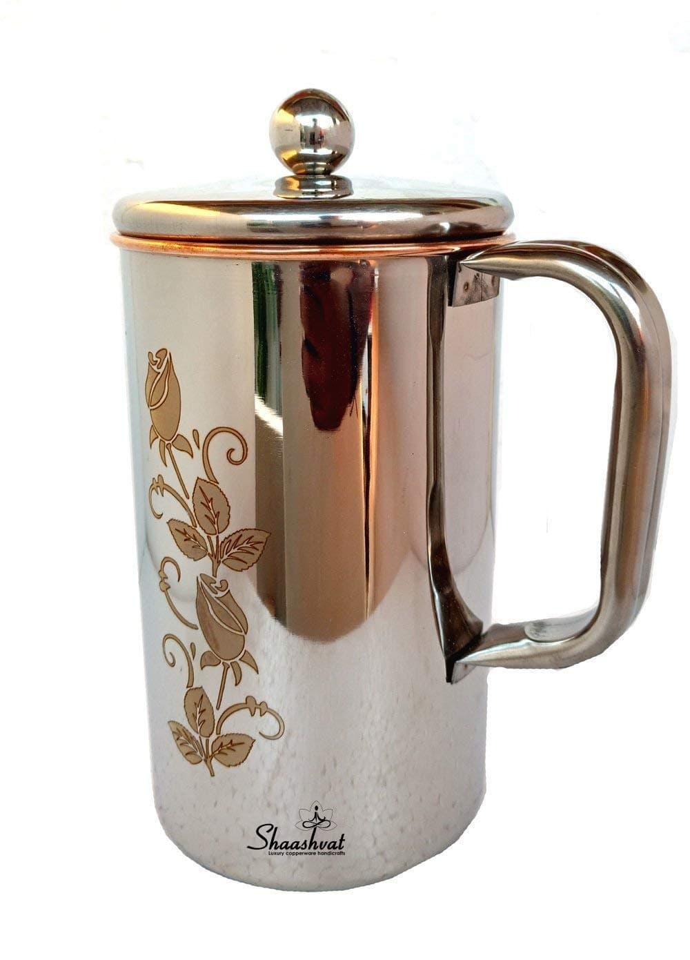 Shaashvat Copper Jug Water Pitcher Flower Print Outside Stainless Steel Utensils Inside Copper for Ayurveda Healing - Capacity 1.5 LTR