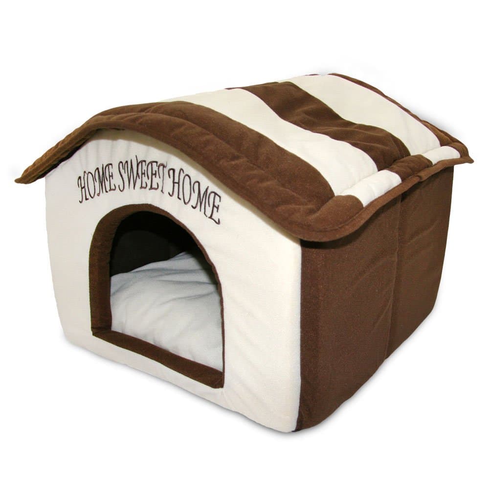 Best Pet Supplies Dog House Bed Crate Mat Tent Indoor Round Soft Plush for Small, Medium, and Large Breeds - Beige w/Brown Stripes, 16 x 16 x 14"
