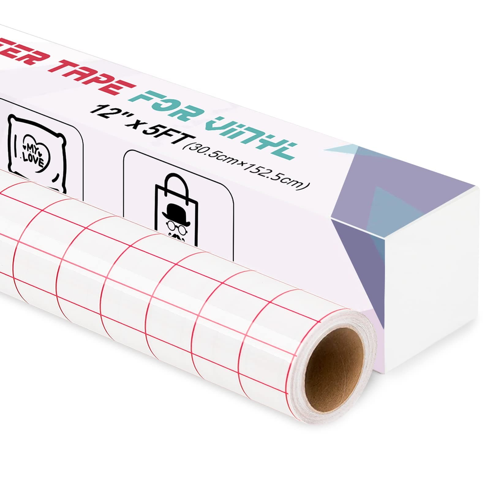 Transfer Tape for Vinyl, 12" x 5Ft (30.5 x 152.5cm) Clear Vinyl Transfer Paper Tape Roll with Red Grid for Permanent Vinyl and Self Adhesive Vinyl for Signs Stickers, Car Decals