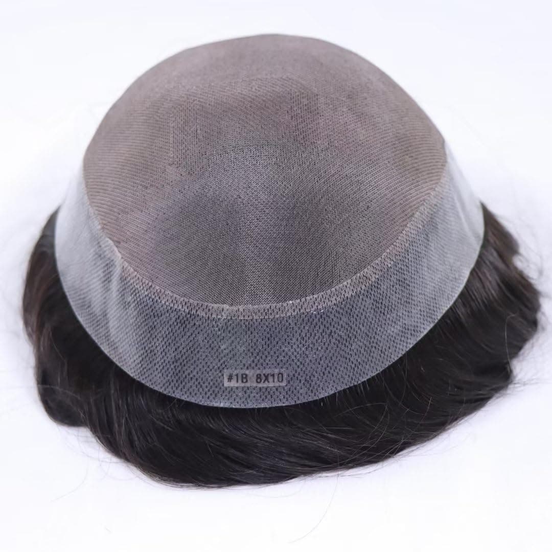 HAPPY&CC Toupee Hair System for Men Swiss Lace Front Fine Mono Mens Toupee Hairpieces Natural Hairline Human Hair Replacement System 8"x10"Hand Tied Man Wigs (1B# OFF Black)