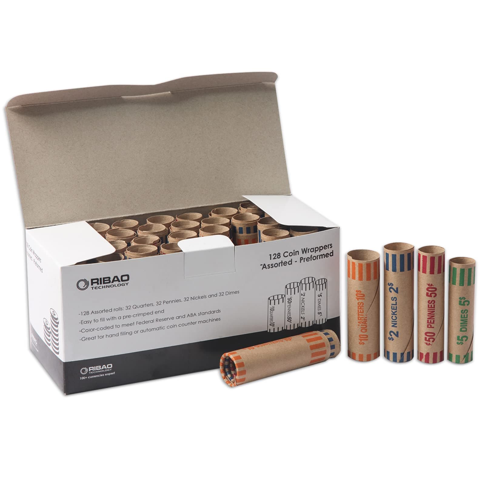 Ribao 128 Assorted Coin Roll Wrapper Preformed Crimped End, Nickels, Dimes, Pennies and Quarters(128 Assorted, 32 Each)