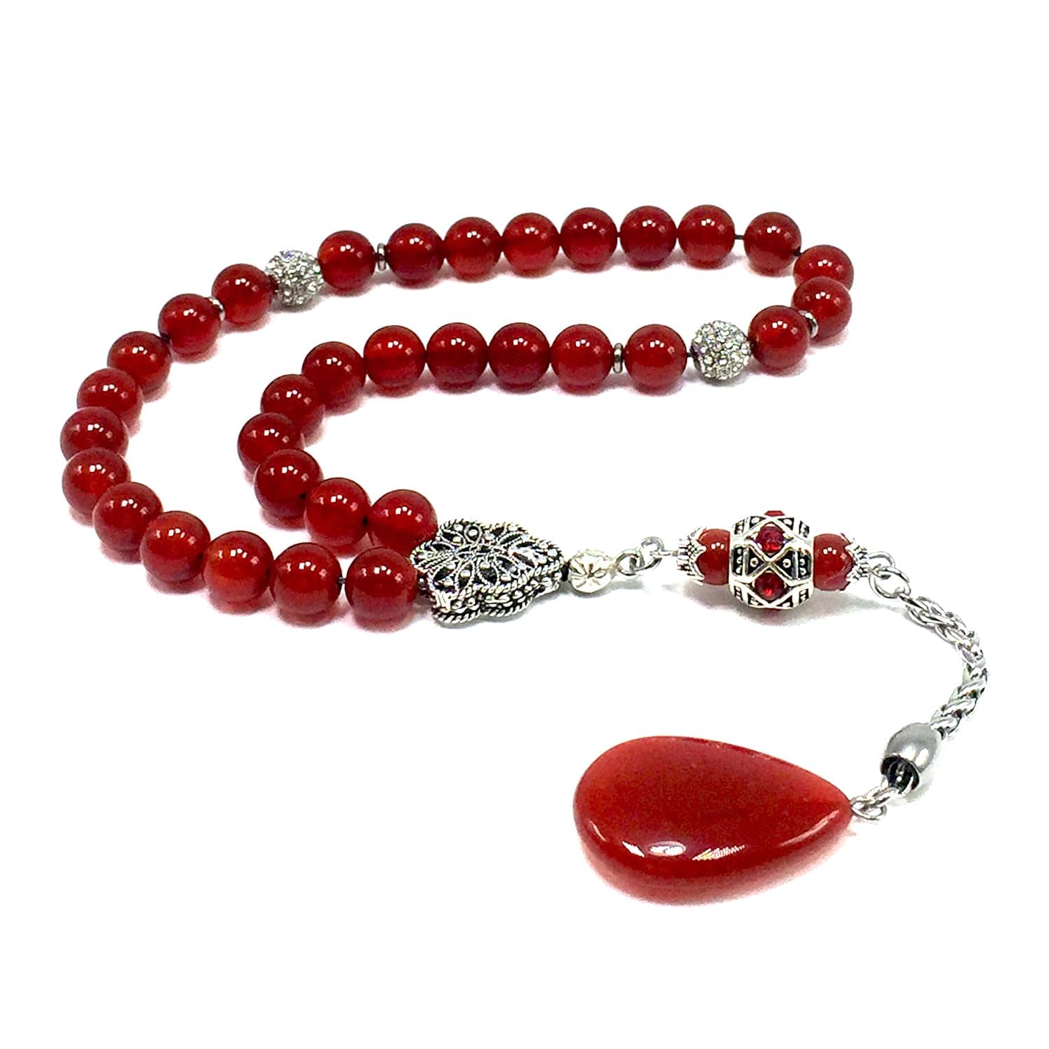 ALBATROSART -エレガンスコレクション- 祈りのビーズ Tesbih Tasbeeh Misbaha Masbaha Subha Sebha Sibha ロザリオ (ダークレッドメノウ天然石 * ドロップタッセル - 8mm ビーズ33個)