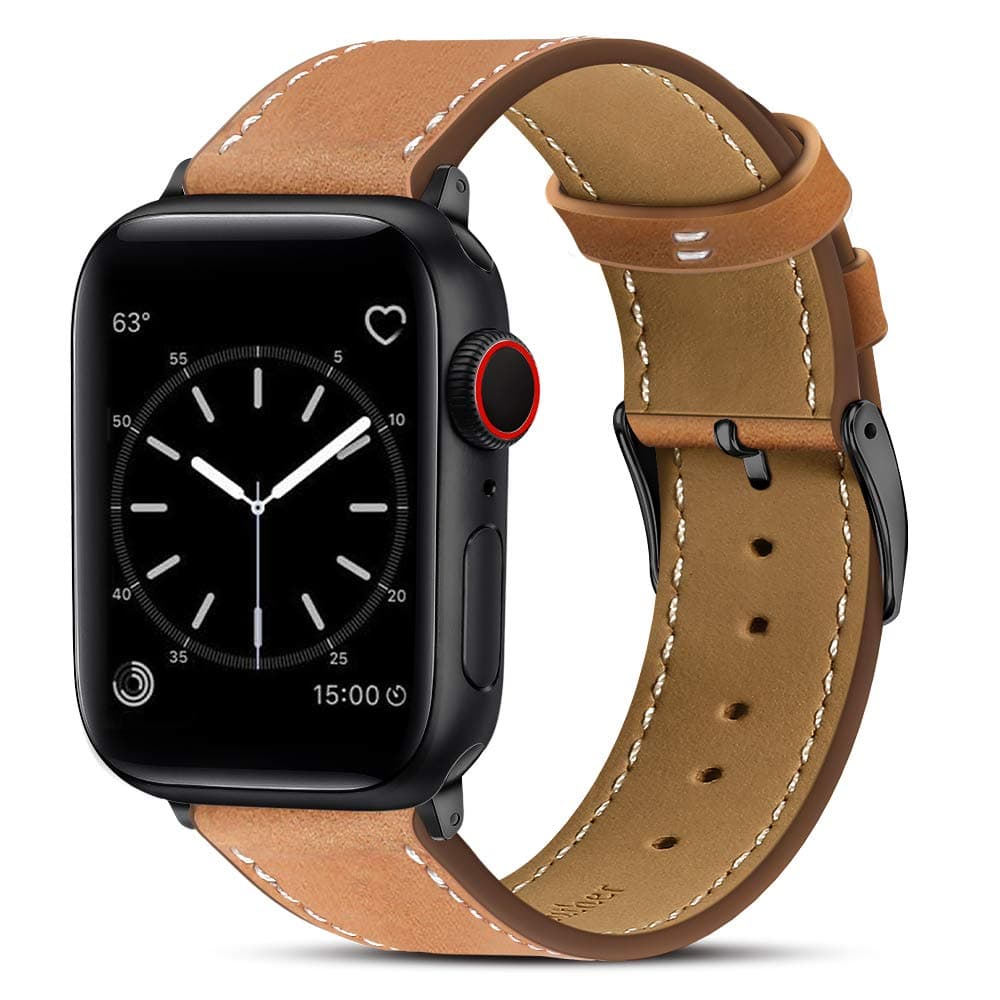 Compatible with Apple Watch Band 42mm 44mm, Genuine Leather Replacement Band Compatible with Apple Watch Series 5 4 (44mm) Series 3 2 1 (42mm), Brown Band/Black Adapter