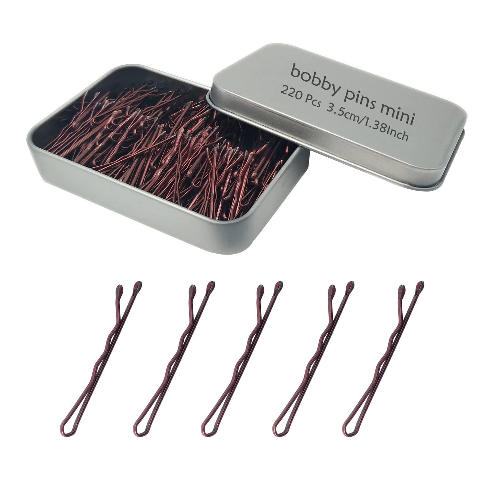 YINGFENG 220 Count Mini Wavy 1.38 Inch Bobby Pins Brown, Small Hair Bobby Pins with Storage Box for Updos, Metal Hair Clips for Kids, Girls and Women, Suitable for All Hair Types