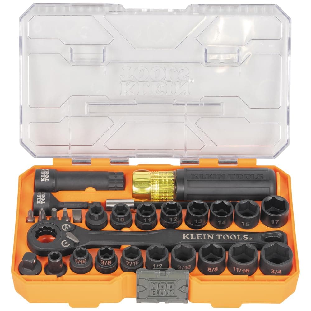Klein Tools 65400KNECT KNECT Essential Pass Through Impact Socket Set, SAE and Metric, 90-Tooth Ratchet, MODbox Case, 3/8-Inch Drive, 28-Piece