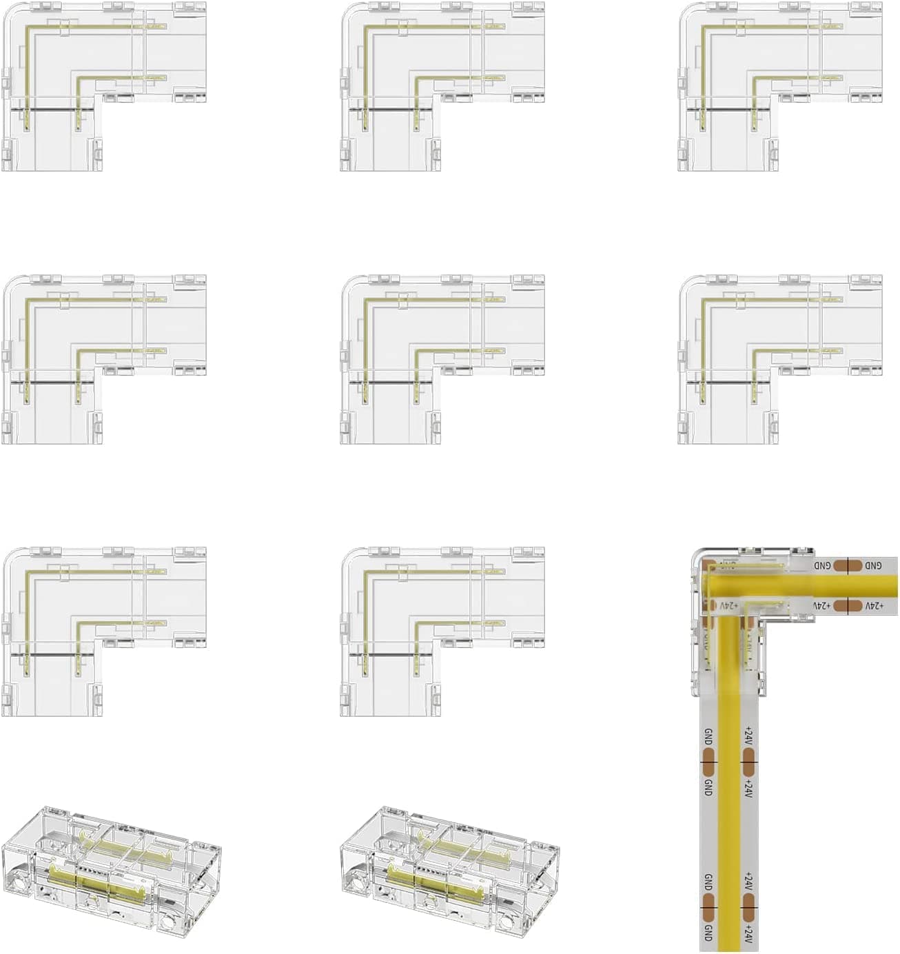 PAUTIX COB LED Strip Connector Set - 8 L Shape Corner and 2 Clear Center Connectors for 8mm Width 2Pin LED Strips (NOT for 5mm & 10mm Tape Lights)