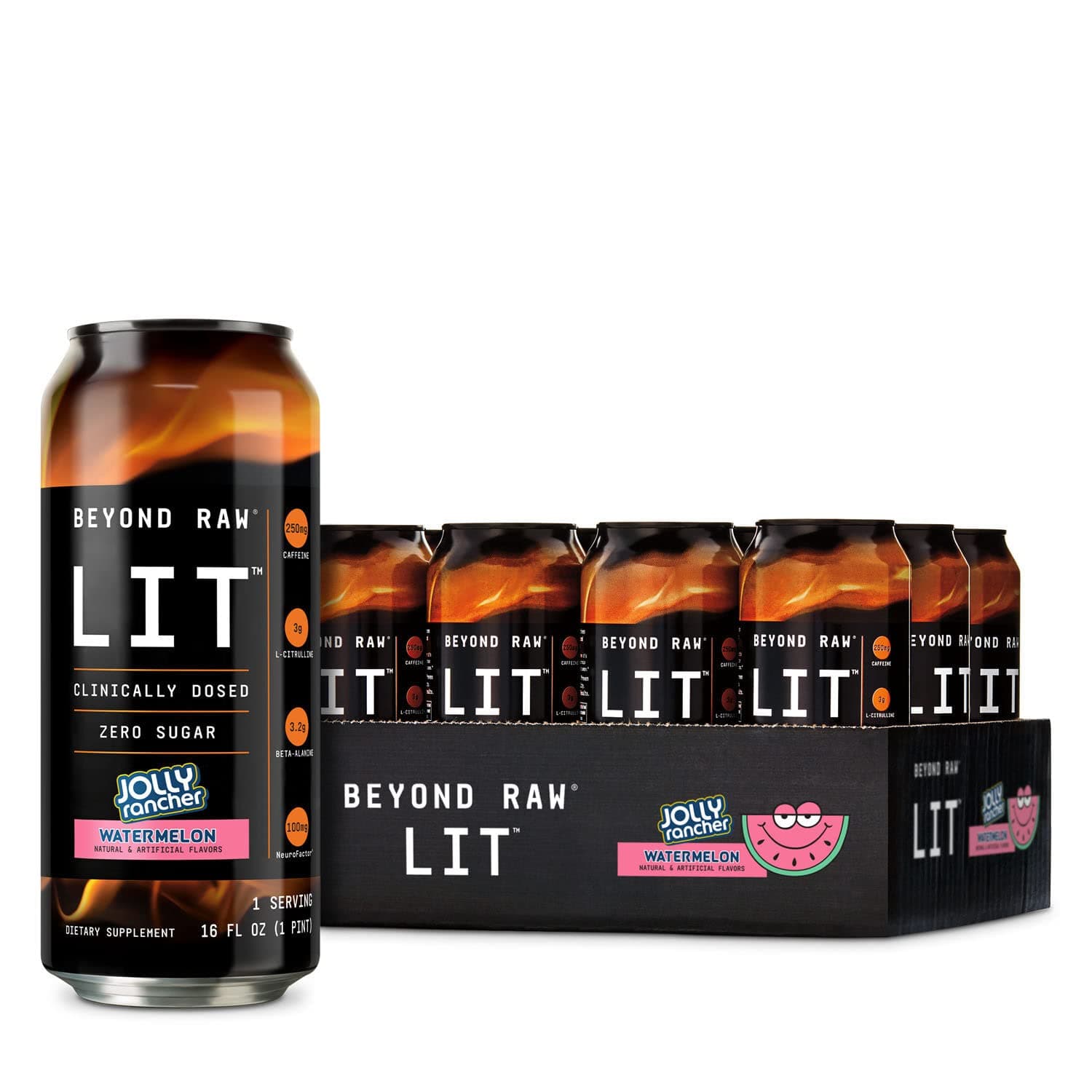BEYOND RAW LIT Ready to Drink Pre-Workout, Jolly Rancher Watermelon, for Energy, Focus, Intensity and Pumps, with Nitric Oxide Boost, Zero Sugar, 250mg Caffeine with Beta Alanine, 12 Cans