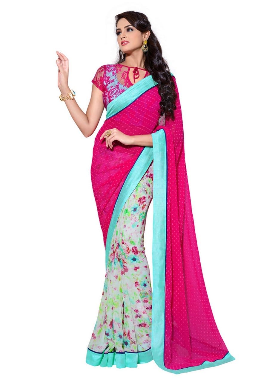 Saris and Things Hot Pink and Teal Exclusive Designer Georgette Sari Saree