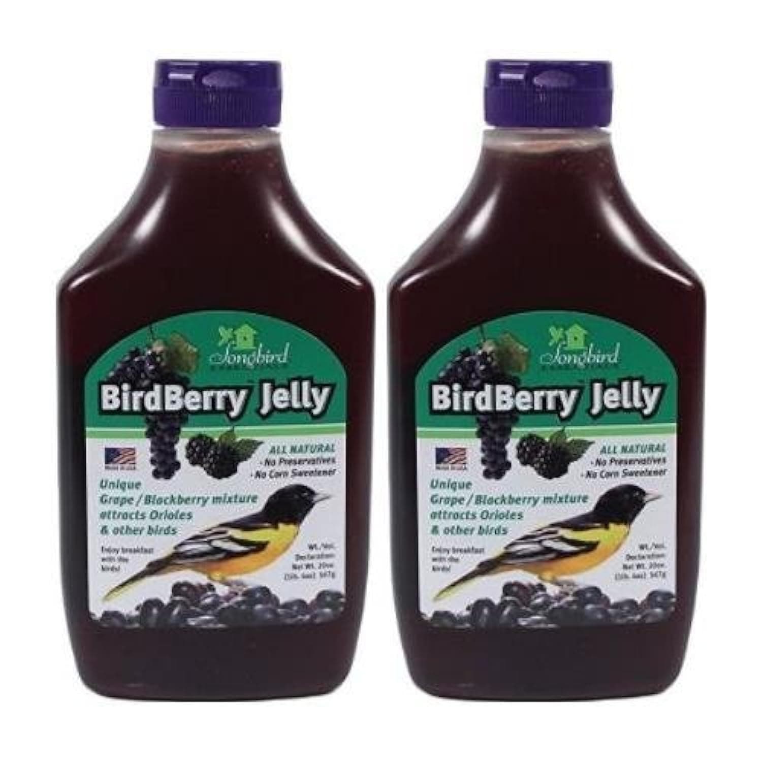 Songbird Essentials 20 Ounce BirdBerry Jelly Squeeze Bottle Bird Feeder Jelly, Grape and BlackBerry Jelly Made Just for Birds [Pack of 2]